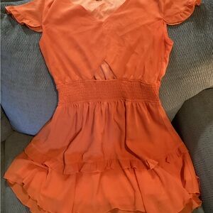 Orange Flutter Sleeve Ruffle Hem Mini Dress